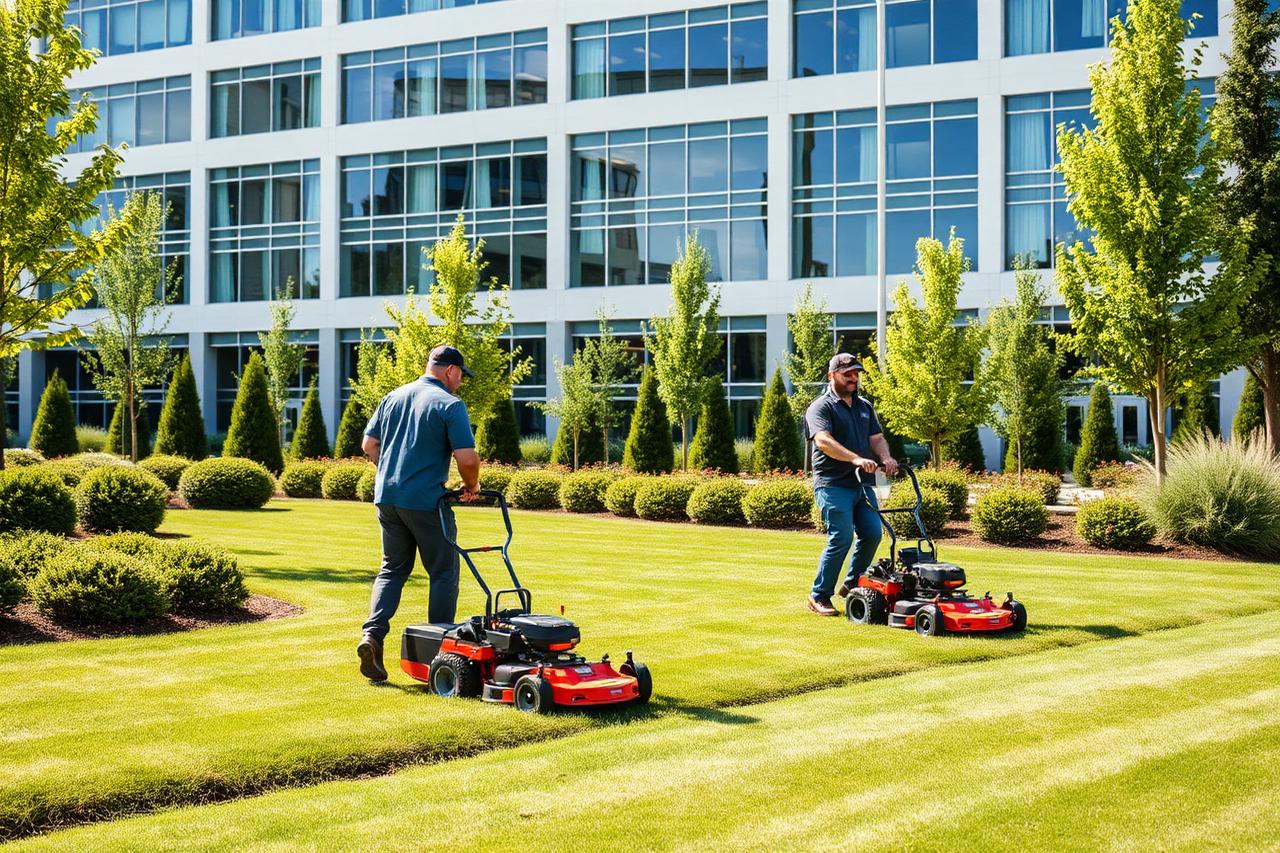 Commercial landscaping crew mowing the grounds of a Calgary office building