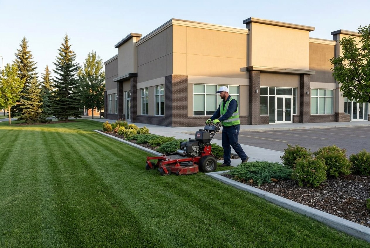 Commercial landscaping crew mowing the grounds of a Calgary office building