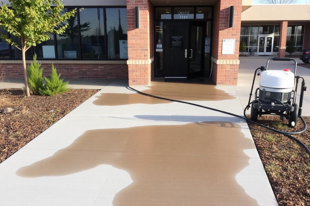 Pressure washing a concrete sidewalk at the entrance of a Calgary commercial building