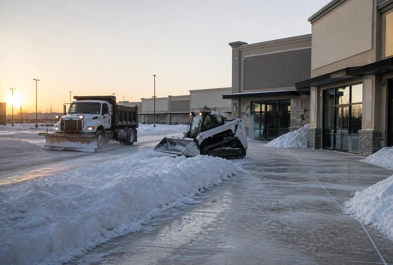 Plow truck and loader clearing snow from a Calgary commercial plaza parking lot at sunrise