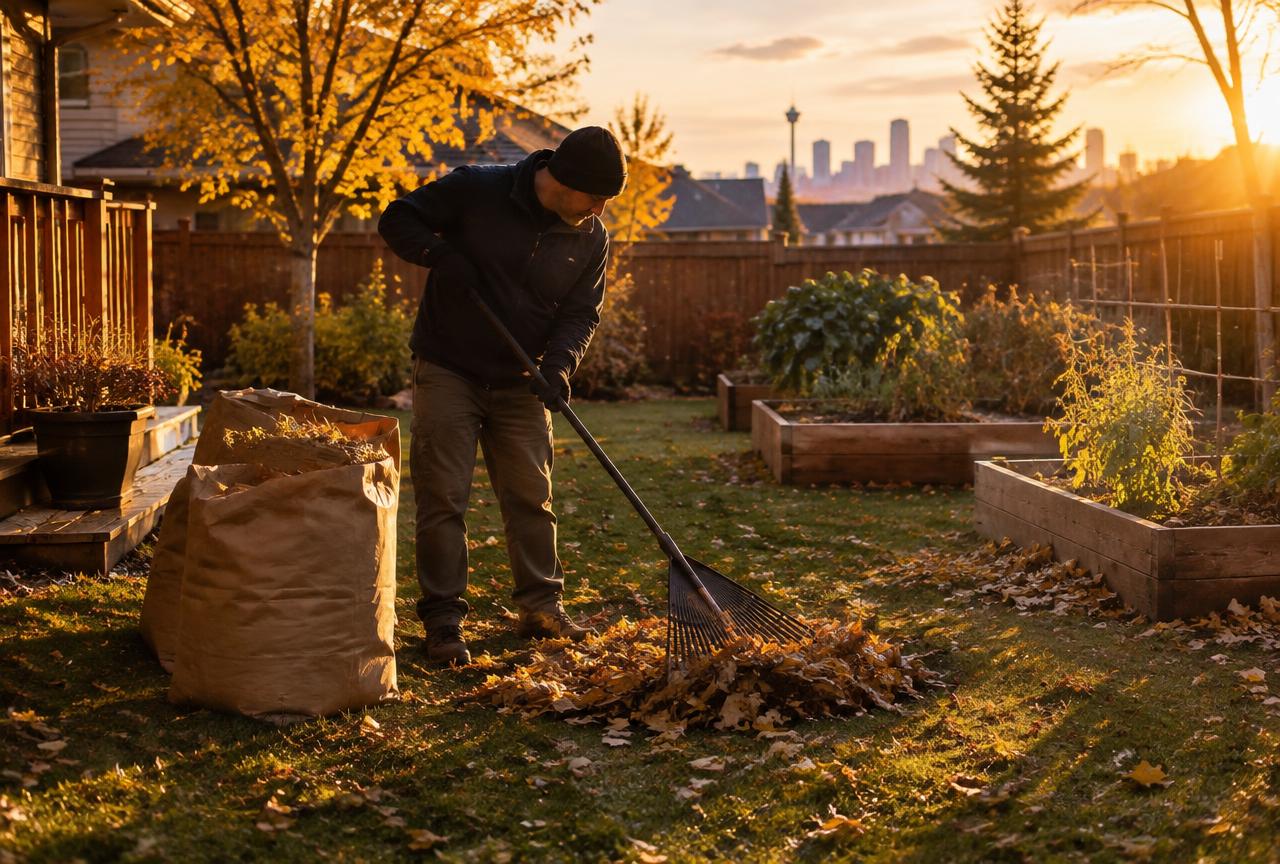 Worker raking yard debris into bags in a Calgary backyard