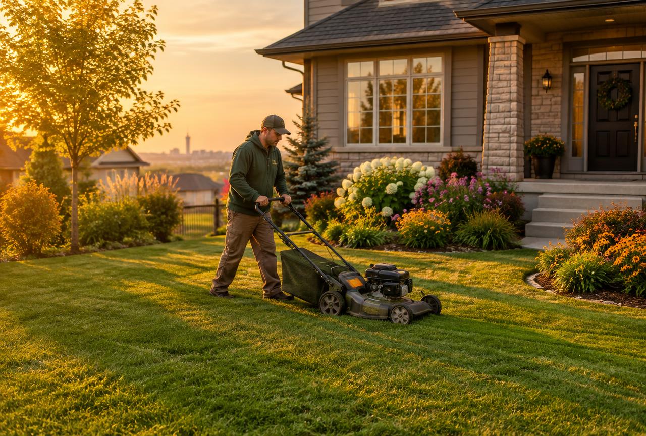 Lawn care worker mowing the front lawn of a Calgary family home
