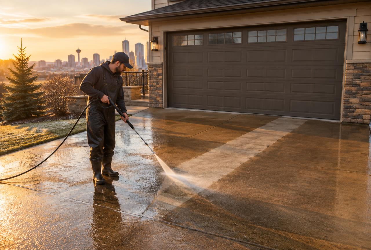 Worker pressure washing a concrete driveway in front of a Calgary home garage