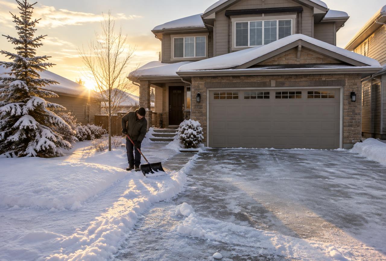 Worker shovelling a snow-covered driveway and front walk at a Calgary home at sunrise