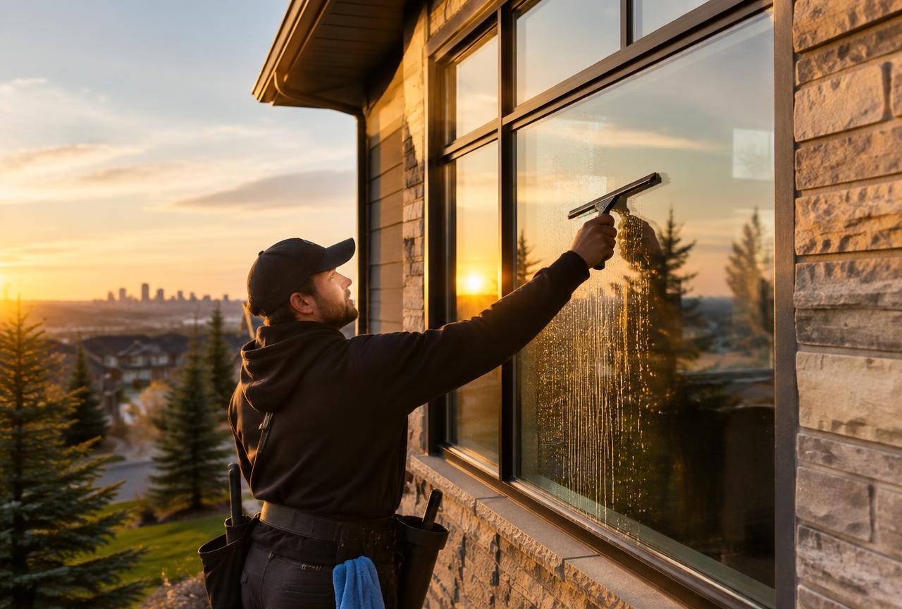 Window cleaner using a squeegee on the exterior windows of a Calgary home at sunset
